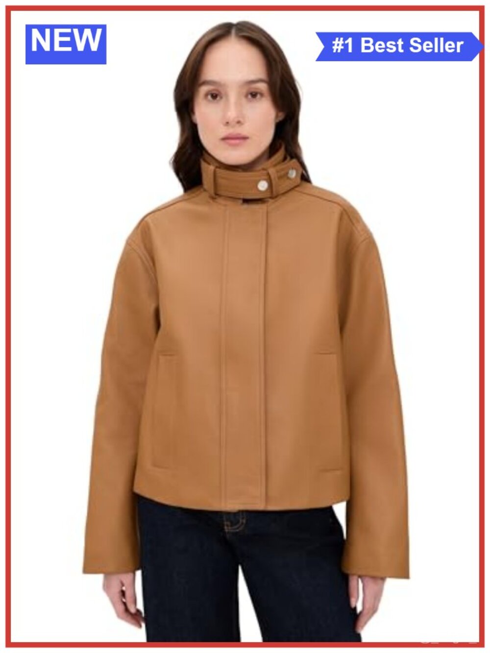 Cropped Lamb Leather Snap Jacket Adjustable Collar